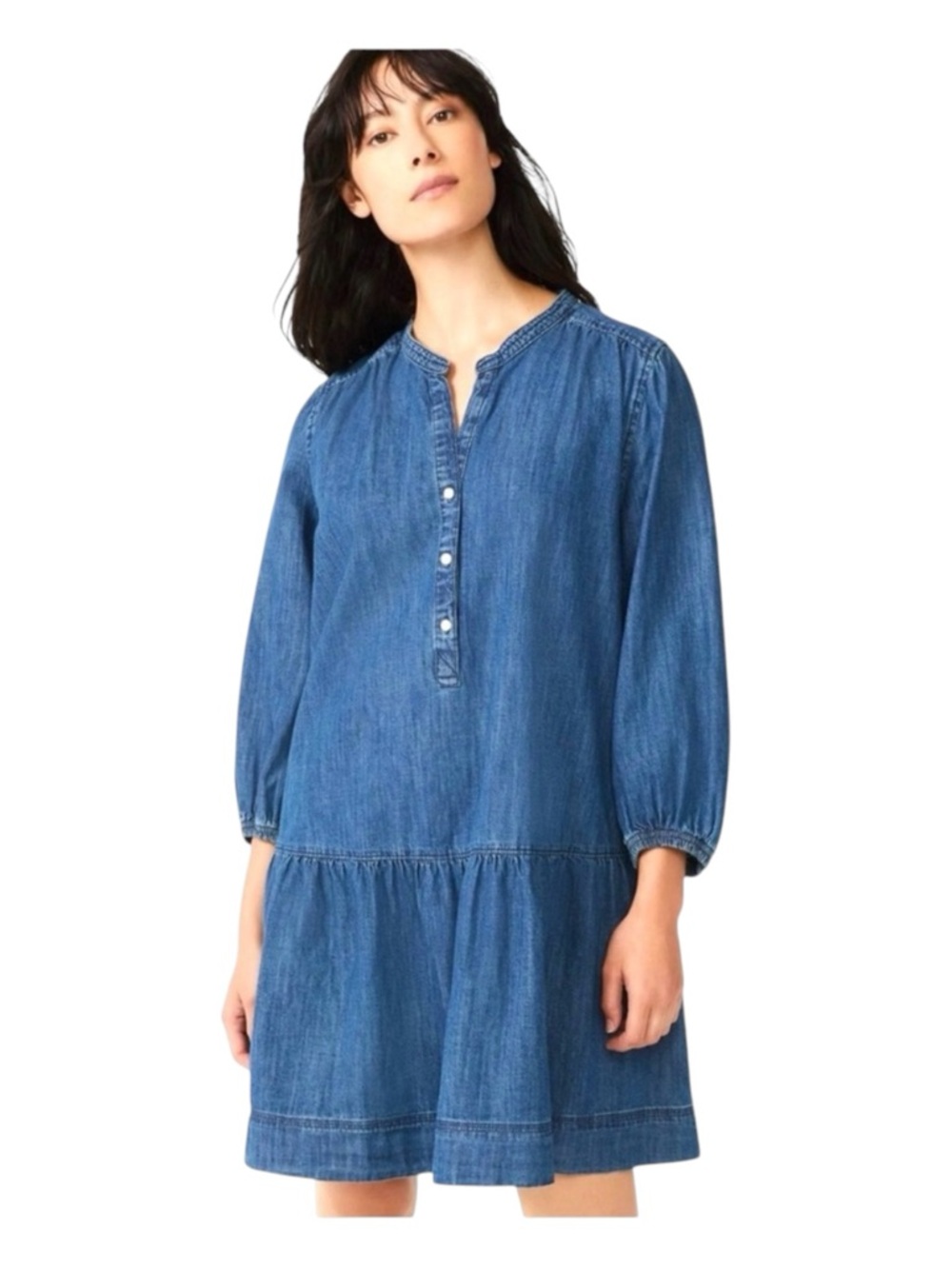 FREE ASSEMBLY Denim Puff Sleeve Tiered Mini Dress, Size XL.